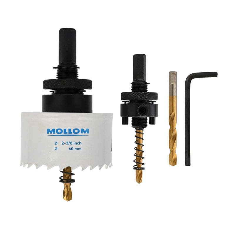 Mollom منشار ثقب ثنائي المعدن HSS M42 بقطر 60 مم | 2-3/8" مع 8% كوبالت مع 2 بت حفر رائد وقاعدة قطع سلسة للبلاستيك، الجبس، الخشب، اللوح الجصي، المطاط - Image 1